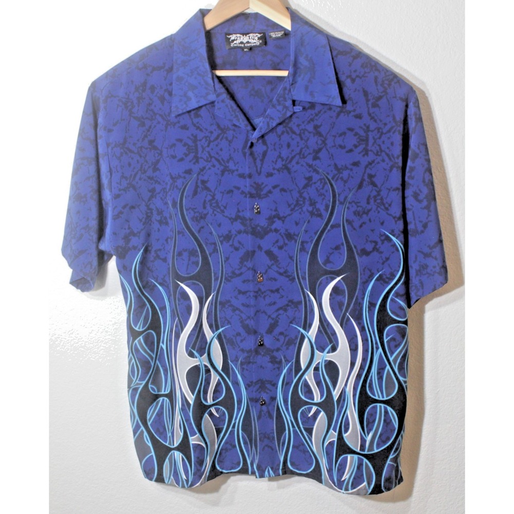 Dragonfly Co Mens XL Short Sleeve Shirt Blue With Black & Silver Flames
